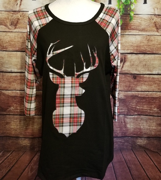 Tops - Plus -Plaid Reindeer Raglan - Red & White Plaid